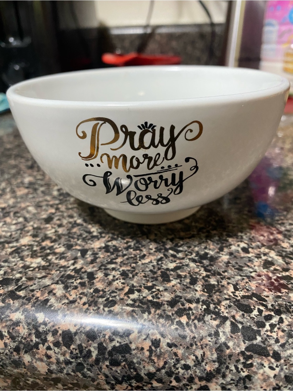 Inspirational 'Pray More Worry Less' White Ceramic Bowl with Gold & Black Script